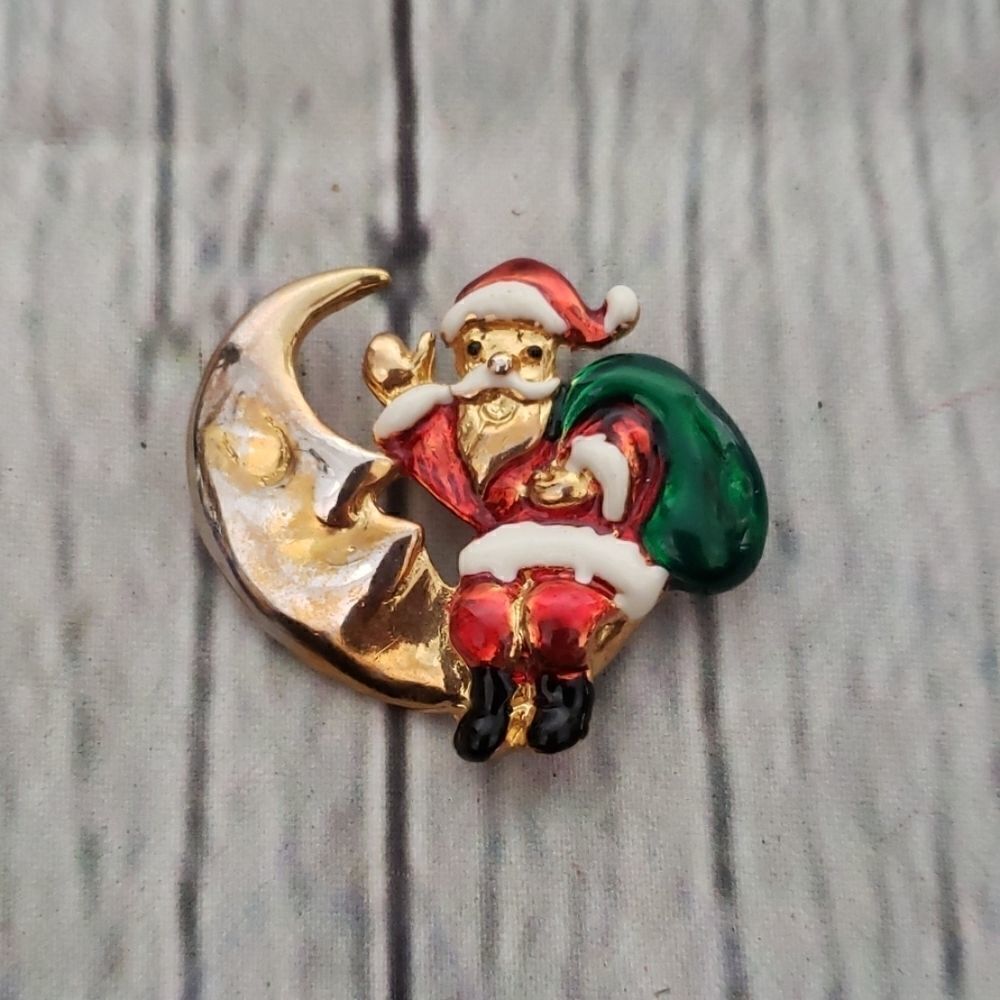 Vintage Christmas Santa Moon Gold Tone Costume Jewelry Pin